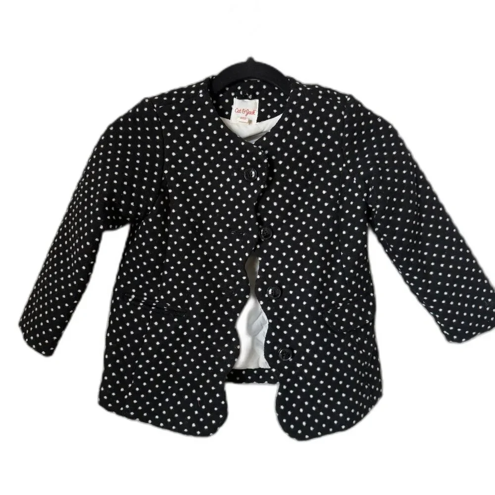 Cat & Jack Girls Black White Polka Dot Pea Coat Jacket Size 5T Quilted Lining